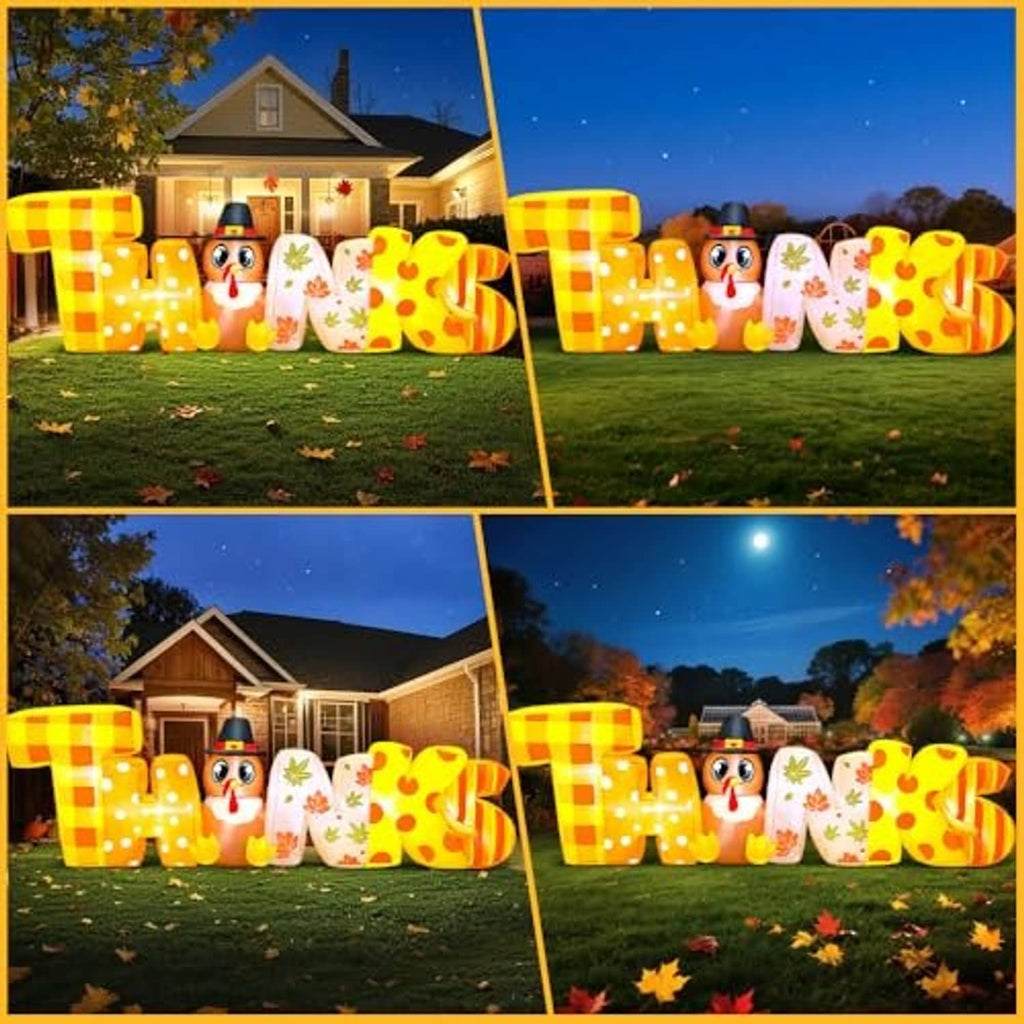 Set of Thanksgiving inflatable “THANKS” letters with turkey face, shown in multiple angles collage