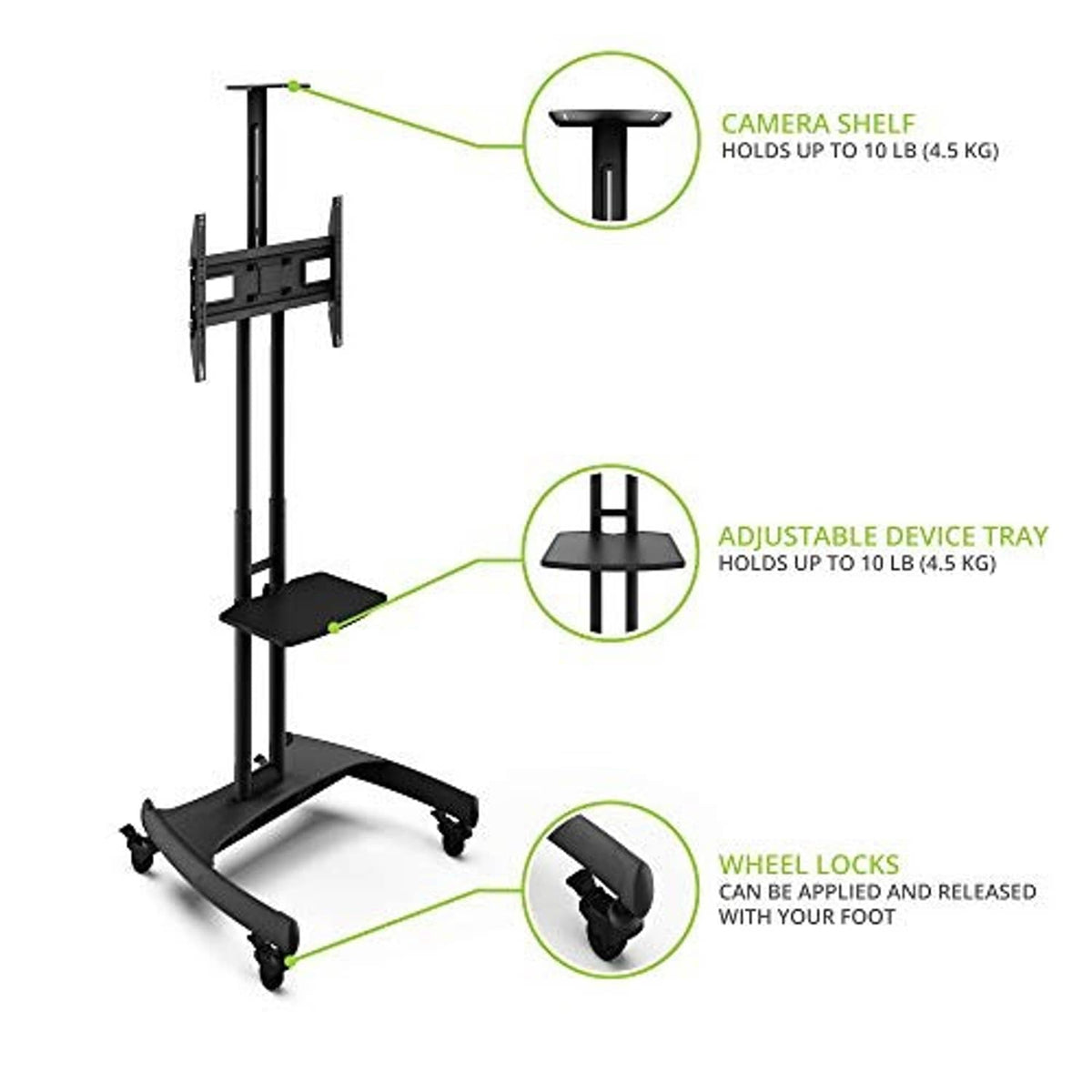 Height-adjustable TV stand with device tray, camera shelf, and wheel locks on casters
