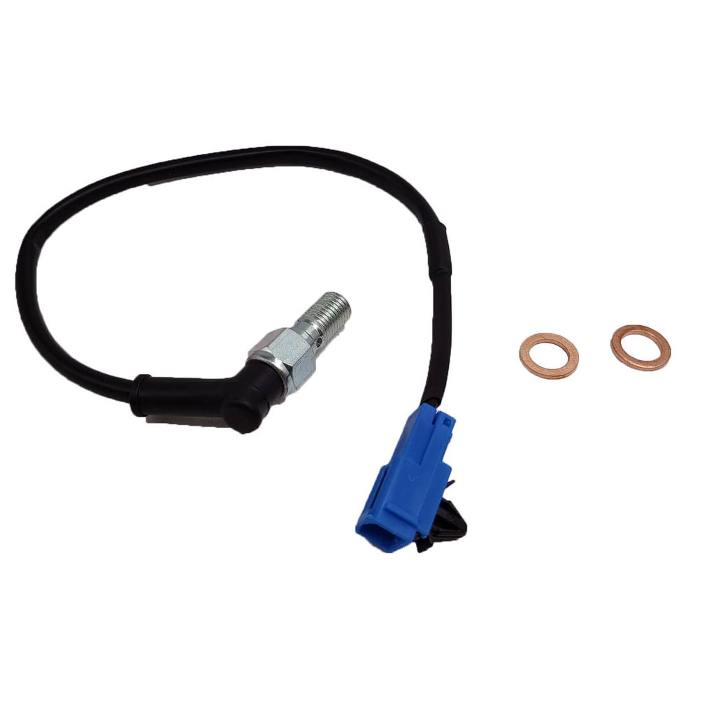 Brake stop switch sensor with black wiring harness, metal threaded tip, blue connector