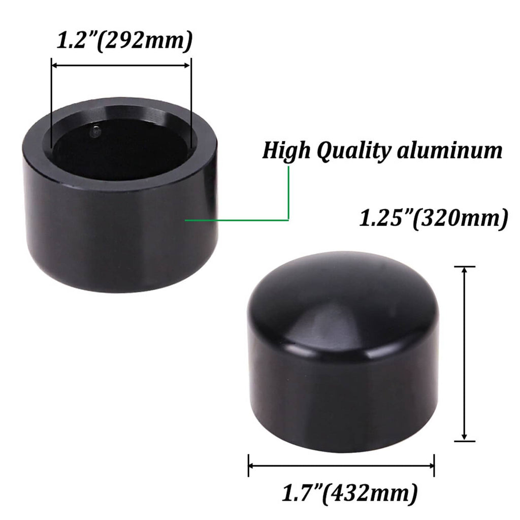 Black front axle cap nut cover size diagram with two cap views