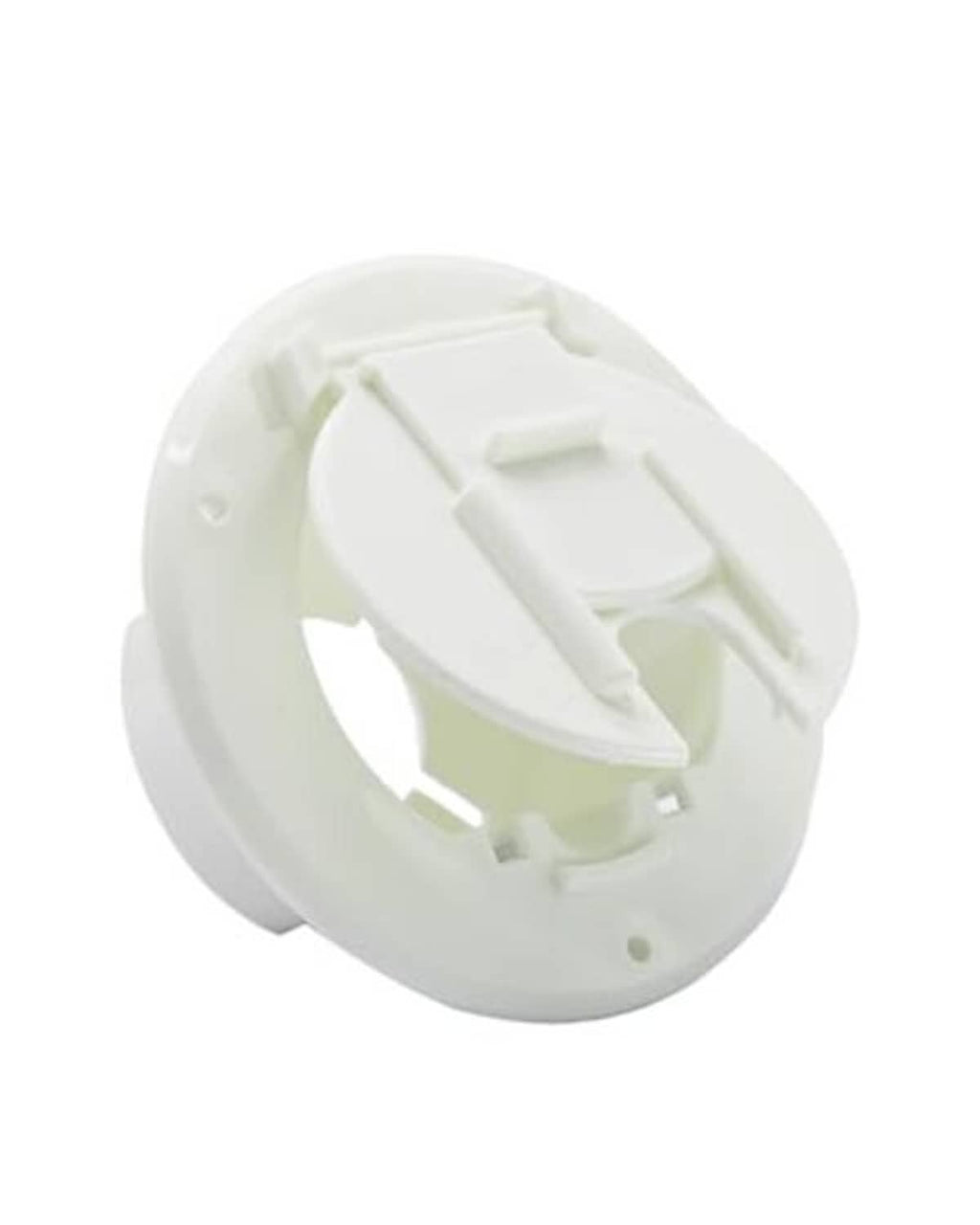 Open round white RV power cord hatch with internal mounting brackets