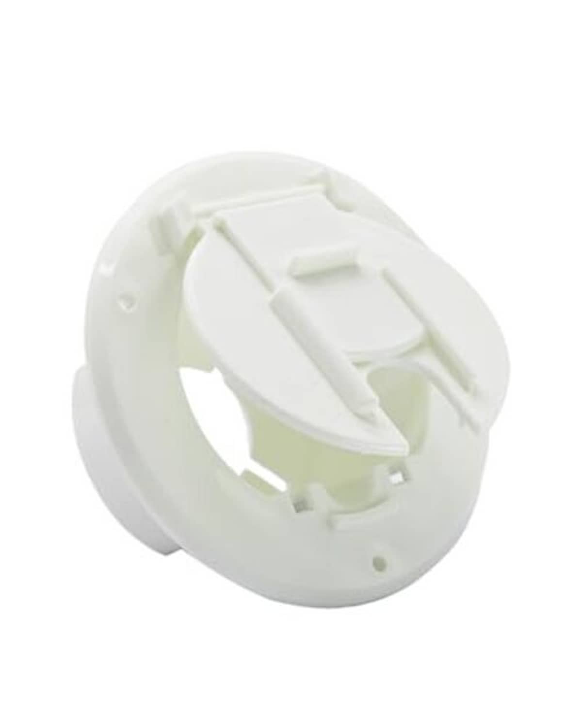 Open round white RV power cord hatch with internal mounting brackets