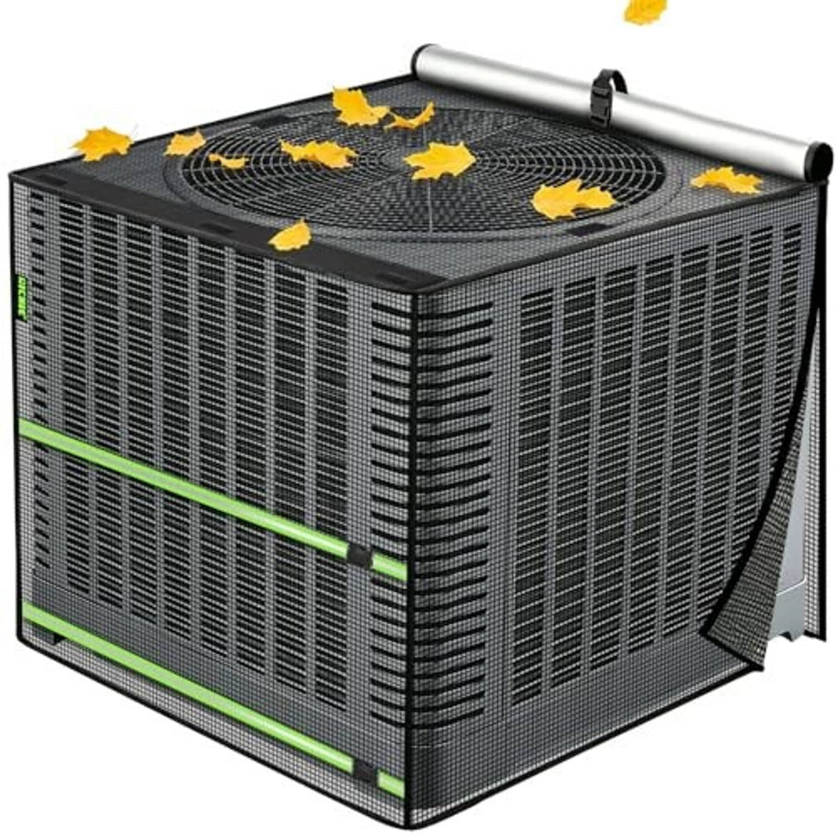 Black full mesh AC cover with roll-up top bar and green accent border