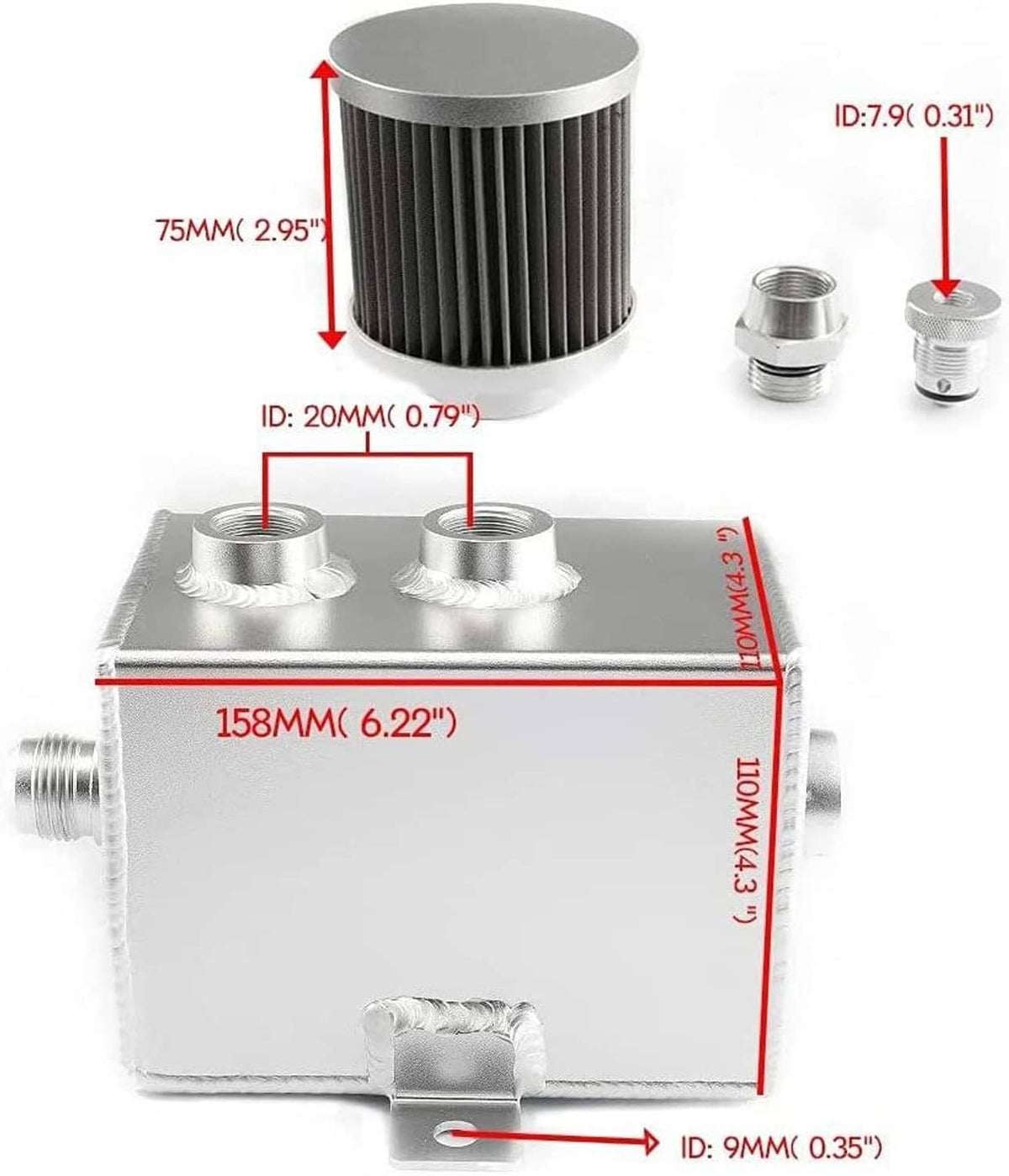 Oil catch can tank with breather filter, port sizes and overall dimensions shown