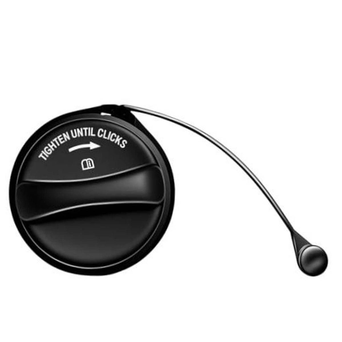 Black fuel tank cap with tether cord and click-tight indicator