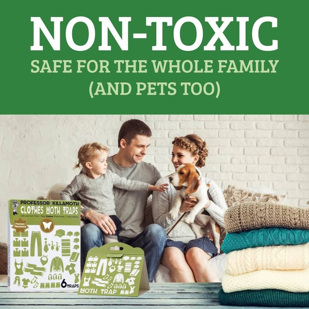 Non-toxic clothes moth trap box beside folded sweaters and a small dog