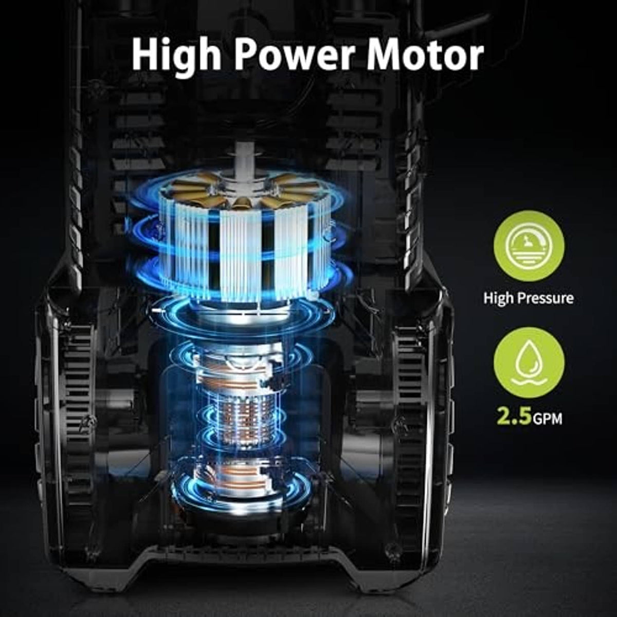 Pressure washer motor housing with visible internal components and blue-lit detail