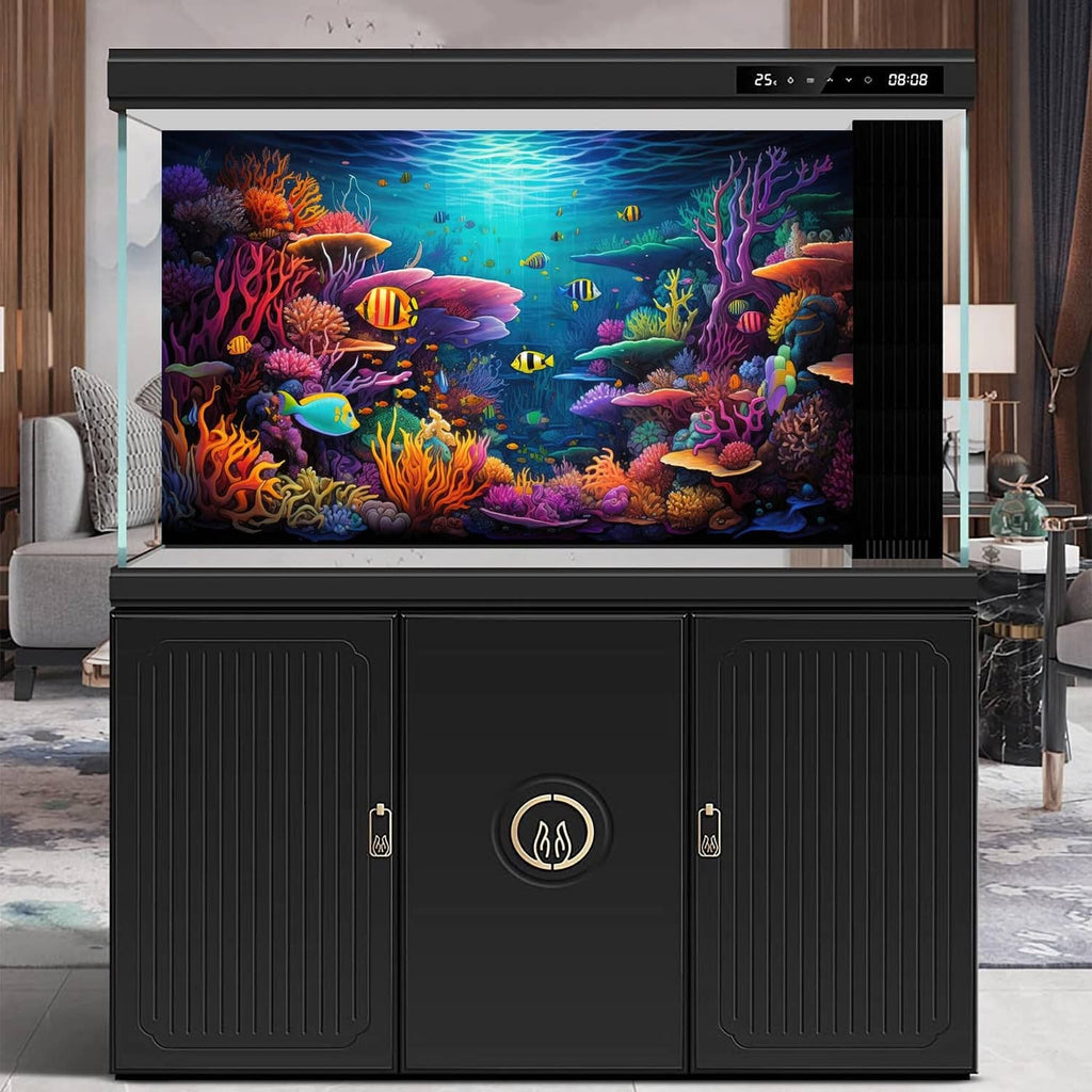 Underwater coral reef aquarium background displayed on a TV stand with cabinet