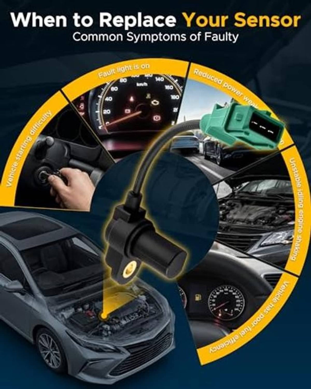 Camshaft position sensor with green connector in dashboard and engine infographic