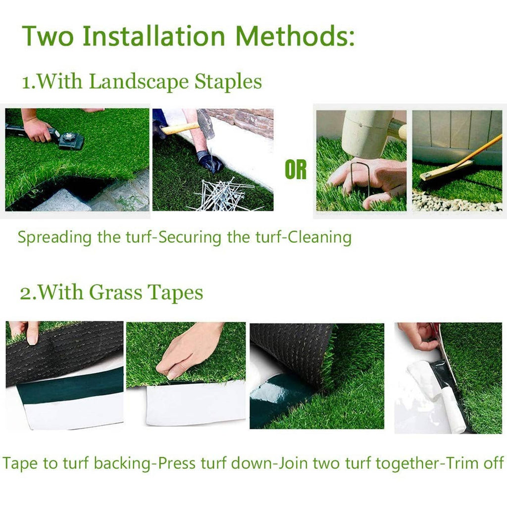 Artificial grass turf being installed on ground, showing hands securing edges