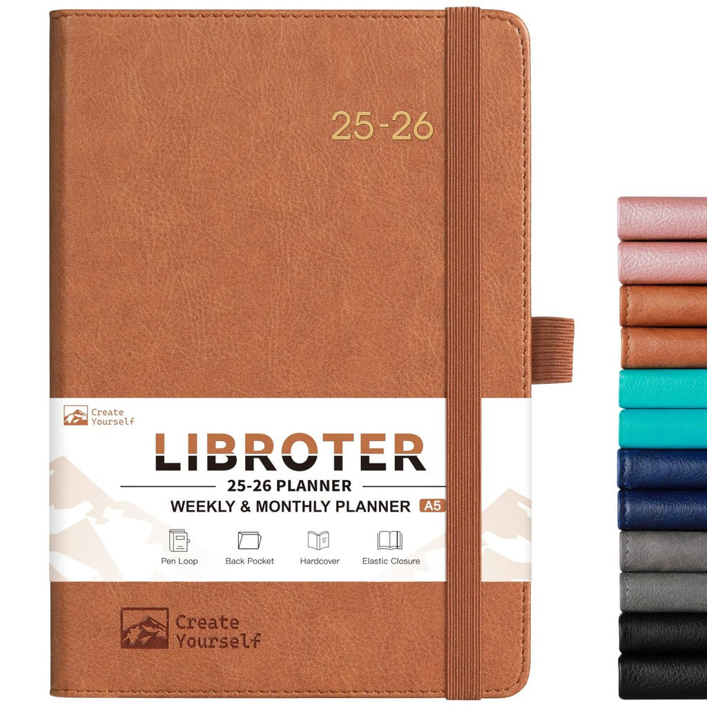Brown 25-26 academic planner cover, elastic band closure, front view