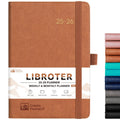 Brown 25-26 academic planner cover, elastic band closure, front view