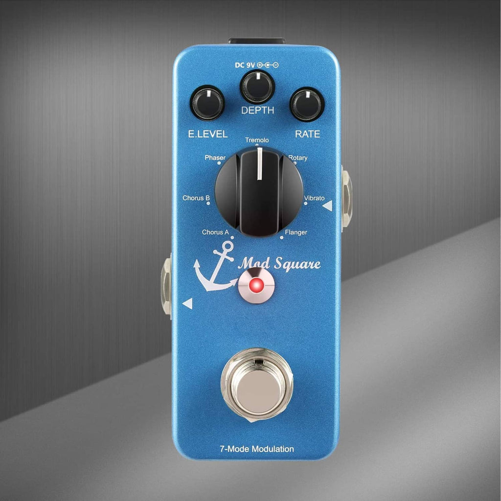 Blue guitar effects pedal with knobs and 'Mad Square' logo