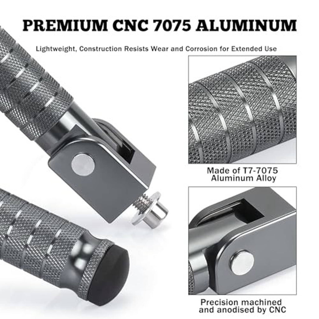 CNC-machined mounting block with textured grip surface on a foldable motorcycle foot peg.