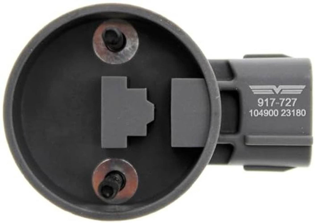 Engine camshaft position sensor with part-number label and two screw holes on gray housing