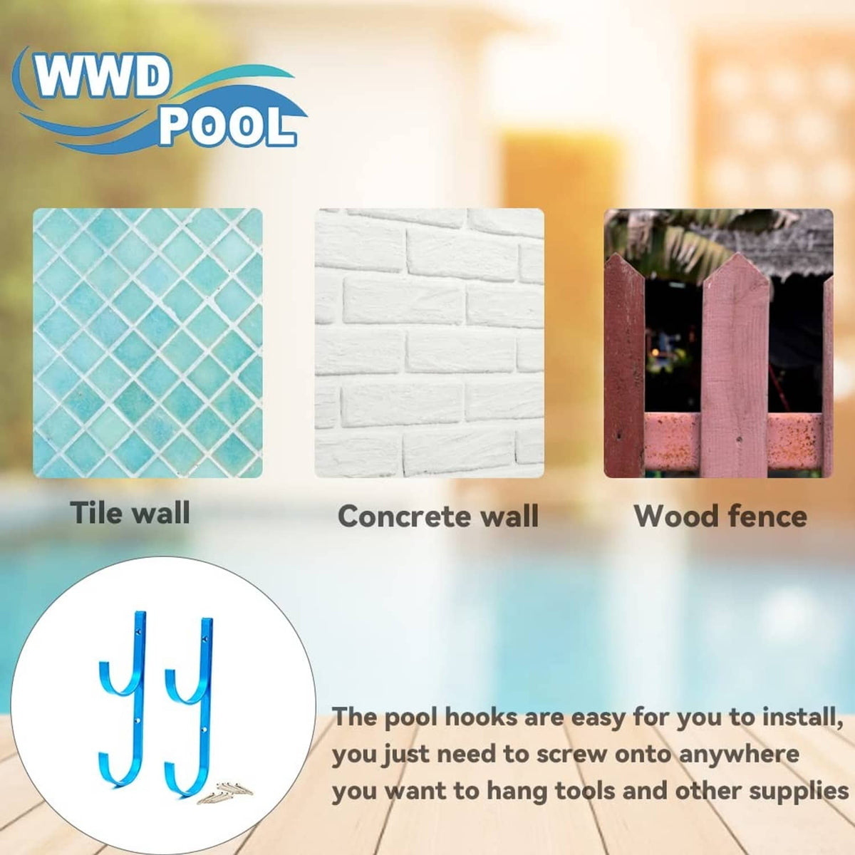 Blue pool pole hanger hooks for easy installation on tile, concrete, or wood