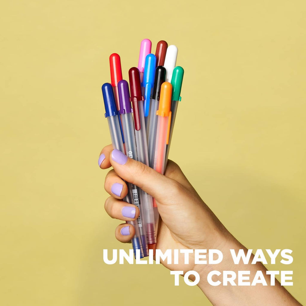 Hand holding a multi-color gel pen set with translucent barrels and colored ink tips.