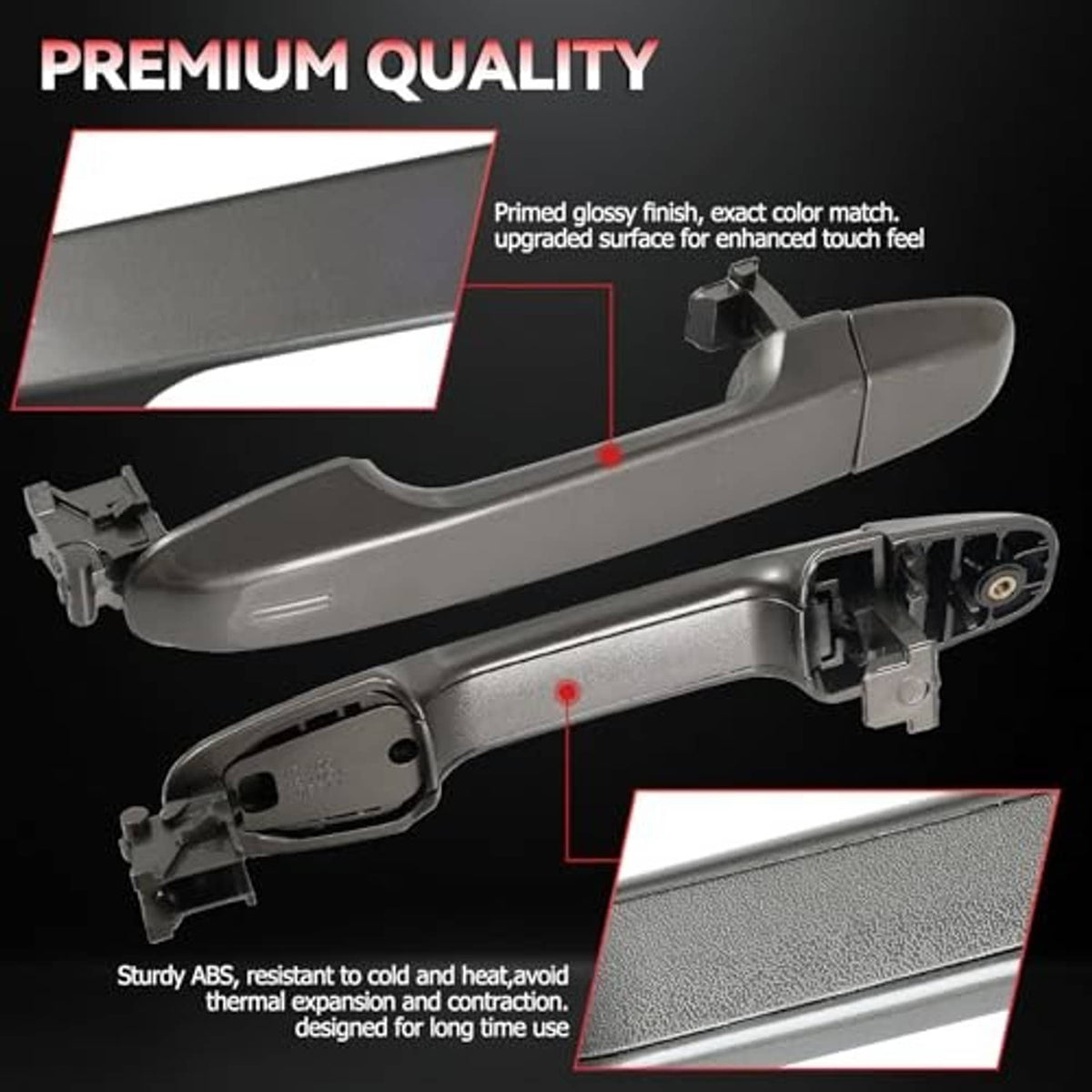 Gray exterior door handle assembly with molded surface and hinge-side connector