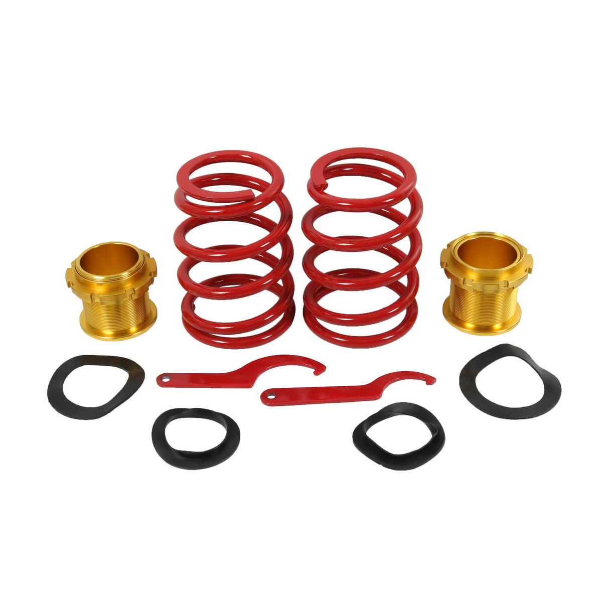 Suspension coilover spring kit with two red springs, gold bushings, and black seals