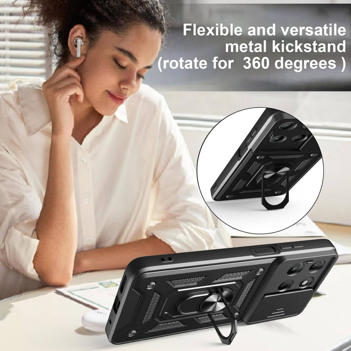Black rugged phone case with rotating metal kickstand for hands-free viewing
