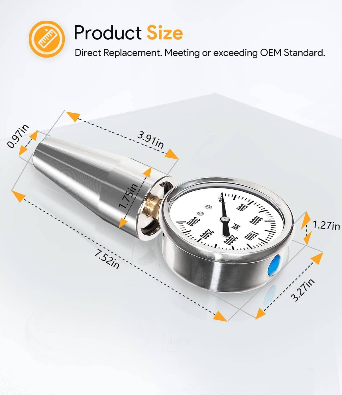 Drawbar force gage tester tool with dial gauge and visible product size proportions