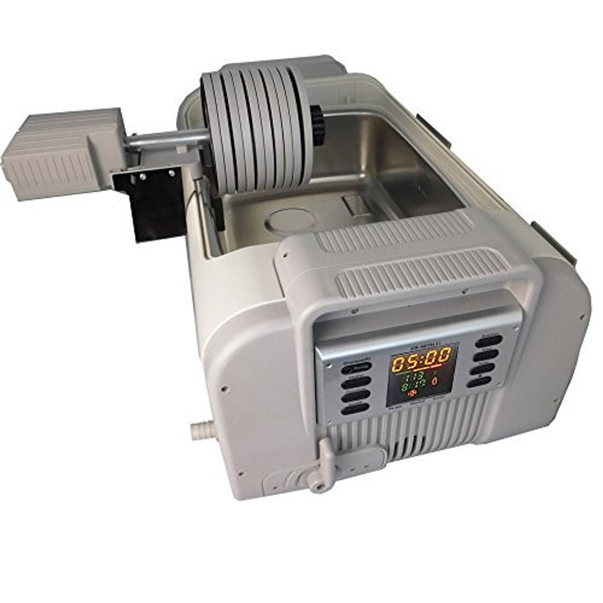 Ultrasonic vinyl record cleaning machine with open stainless basin and rotating disc