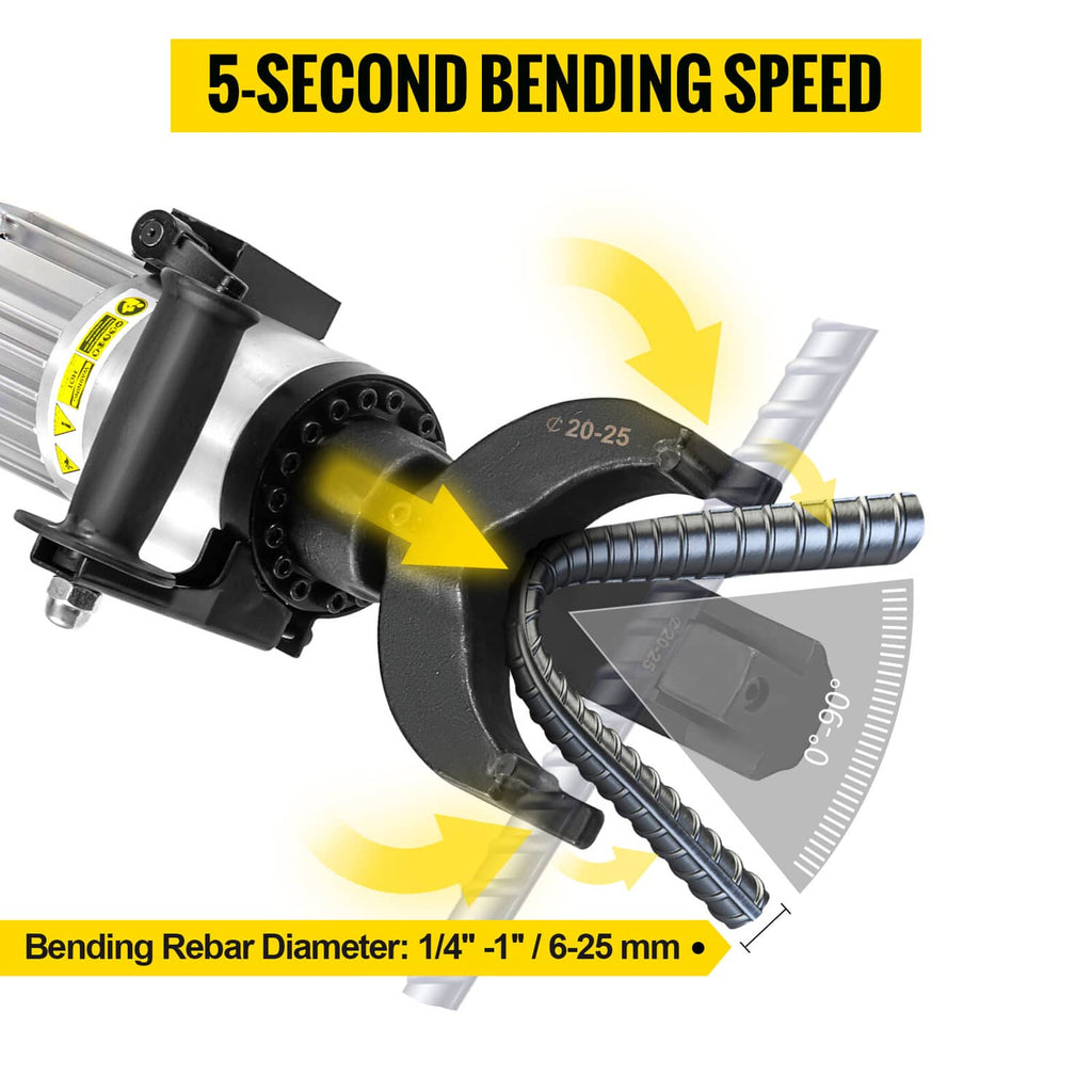Electric rebar bender with hydraulic bending head, showing rebar being curved