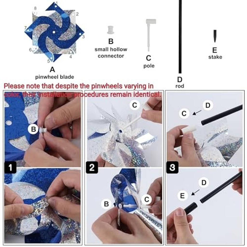 Pinwheel wind spinner assembly parts: pinwheel, connector, rod, stake