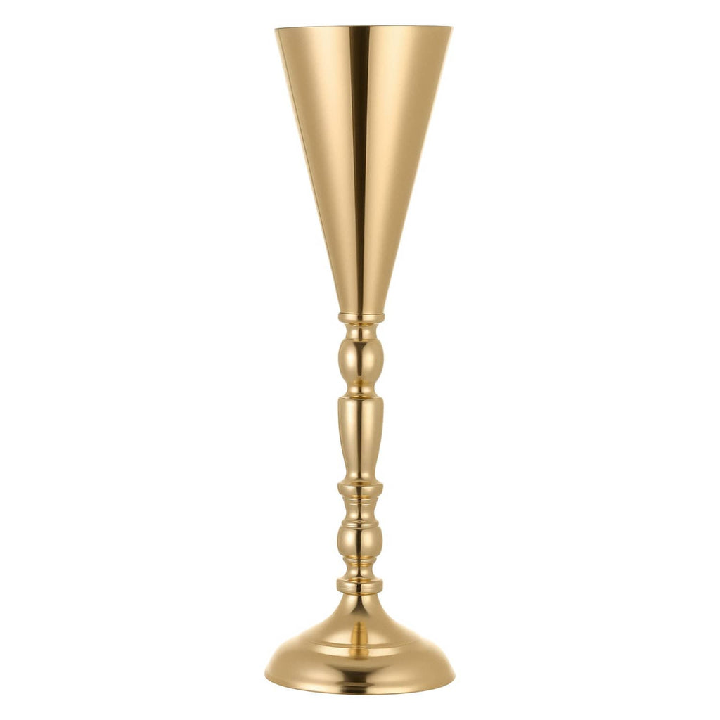 Gold trumpet vase with narrow stem and rounded pedestal base