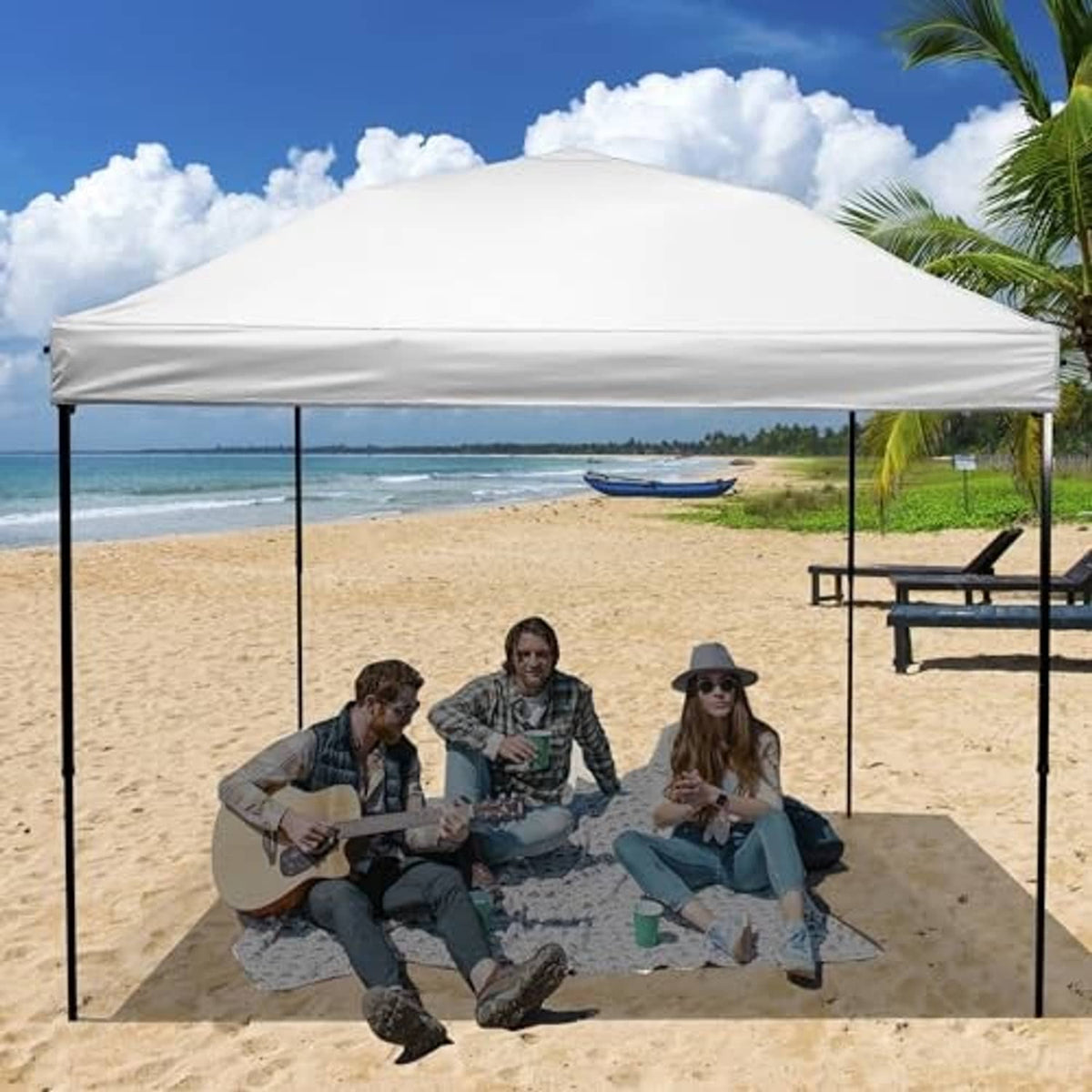 White pop-up canopy replacement top with black frame by the beach