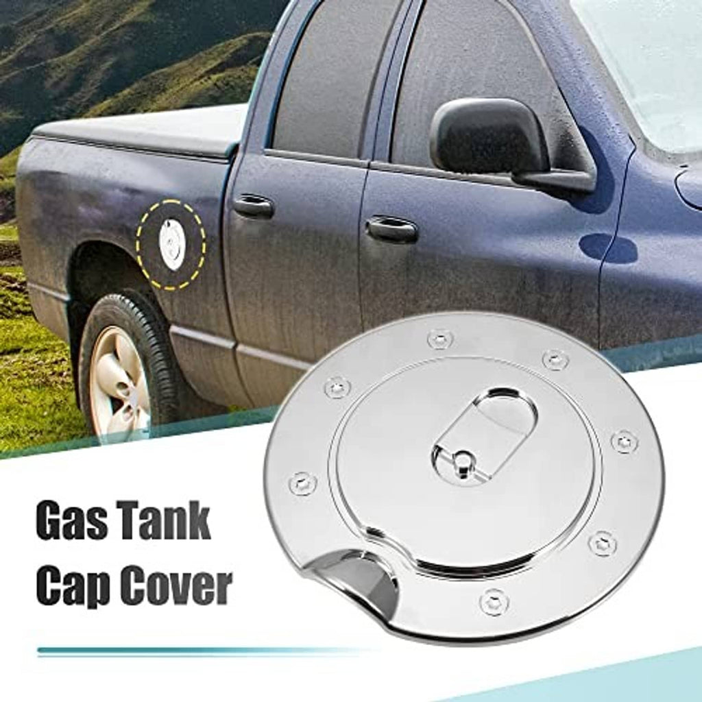 Chrome gas tank cap cover on pickup, round plate with screw detail and cutout