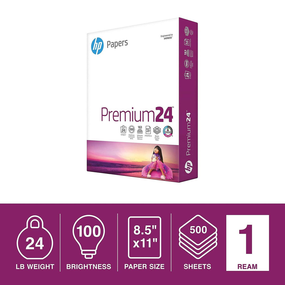 HP Premium24 printer paper box side, 8.5 x 11, 500 sheets, 24 lb