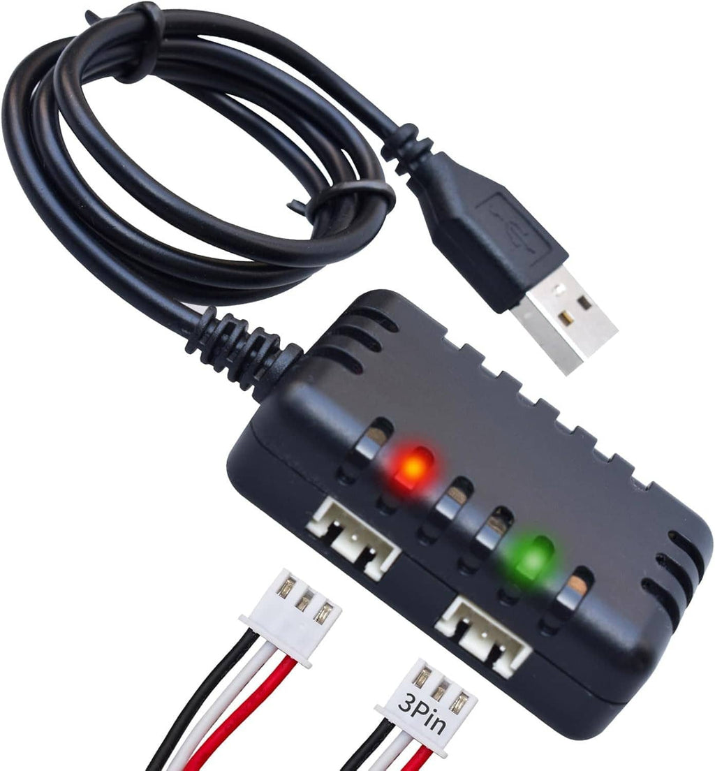USB balance charger front view with dual connectors and red/green LED lights