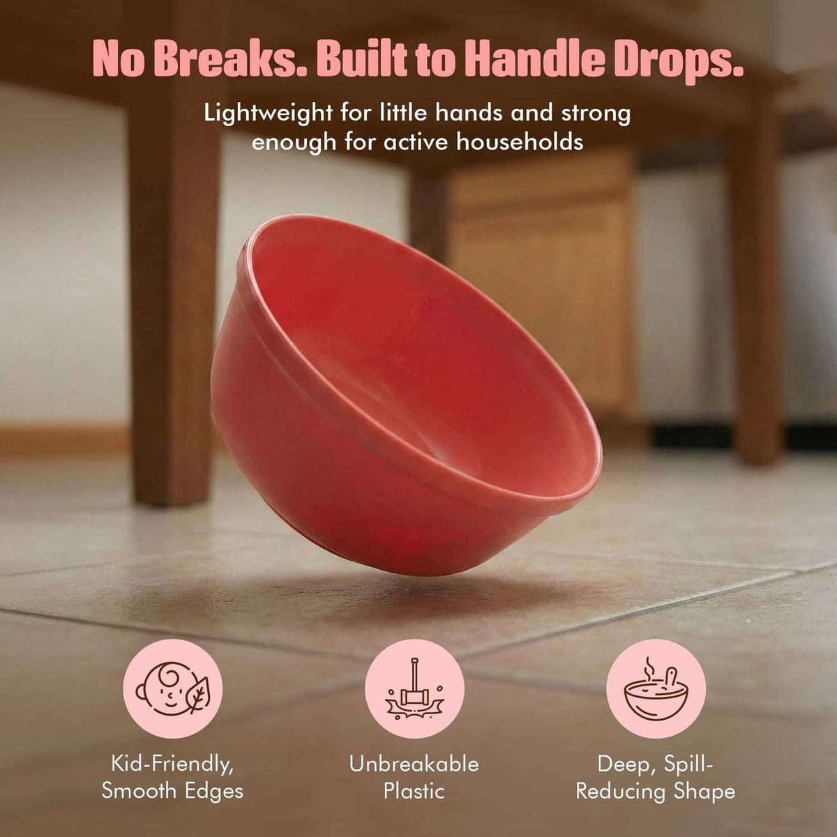 Red deep plastic bowl with wide rim, unbreakable design for everyday meals.