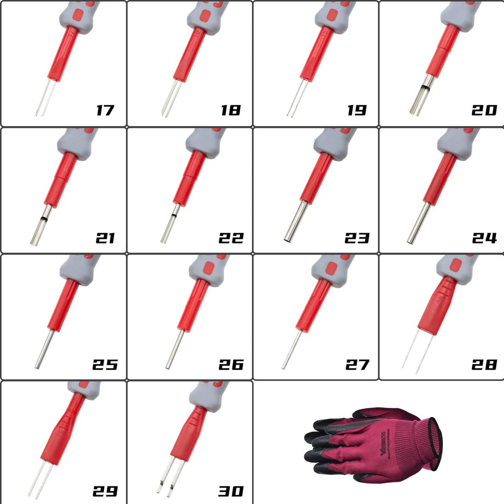 Red and gray terminal removal tools with protective work glove