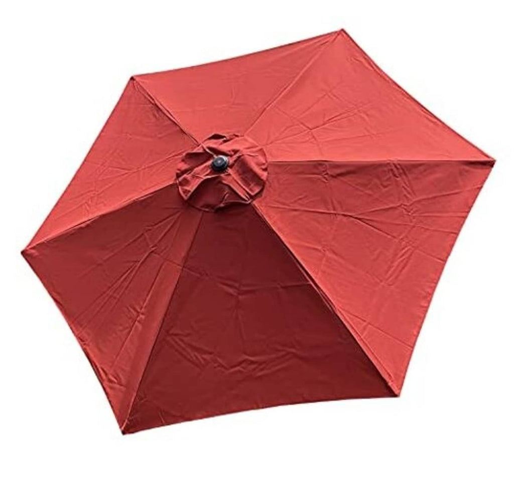 Brick-red umbrella canopy with ruffled tie finial and stitched rib panels