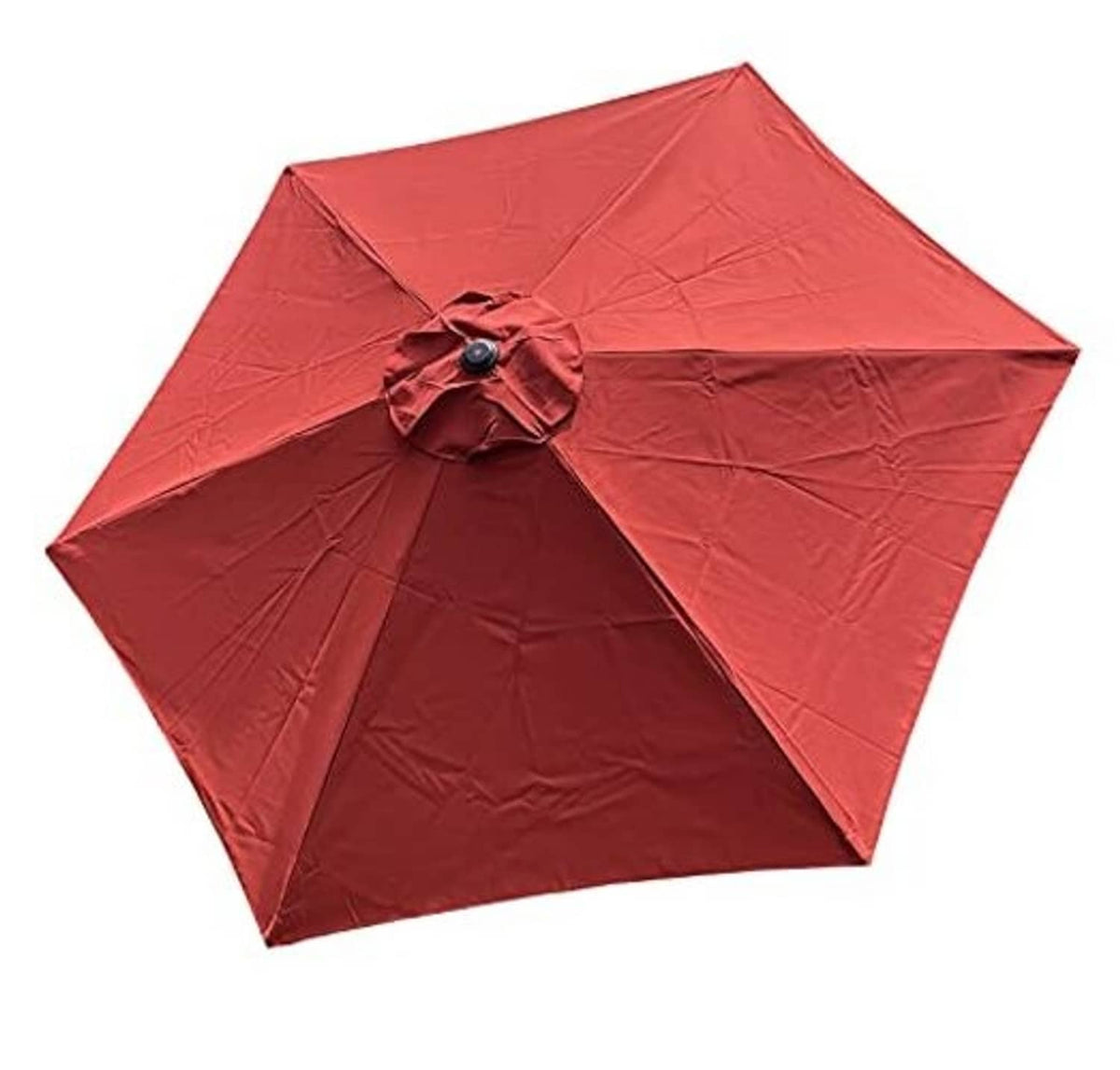 Brick-red umbrella canopy with ruffled tie finial and stitched rib panels