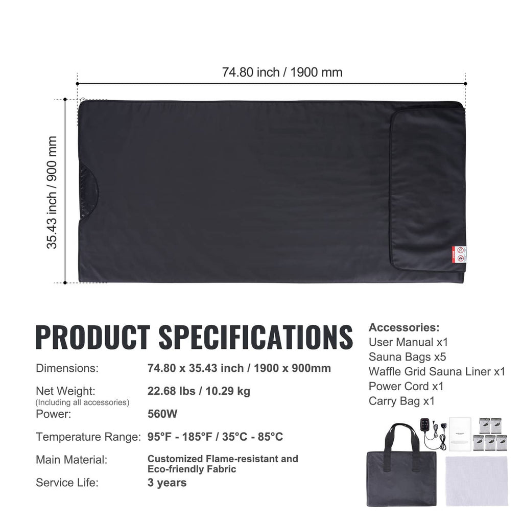 Black infrared sauna heating blanket with side pocket and stitched edge