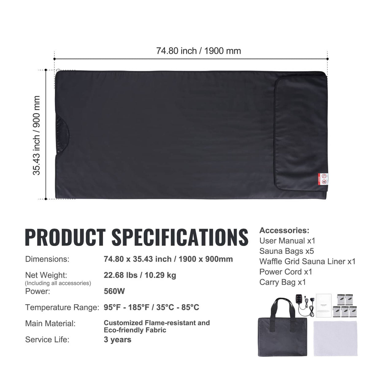 Black infrared sauna heating blanket with side pocket and stitched edge