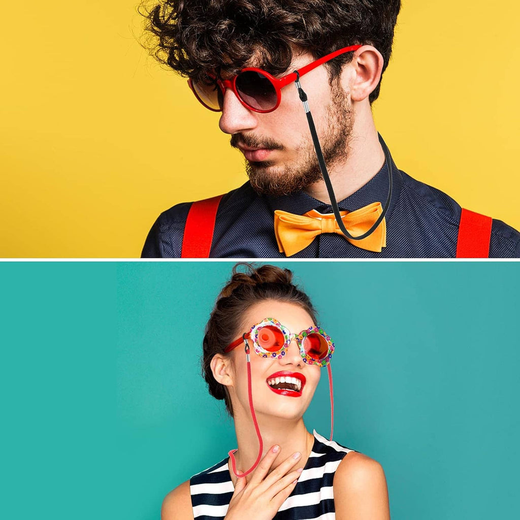 Thin eyeglass chain retainer attached to red-framed sunglasses with cord