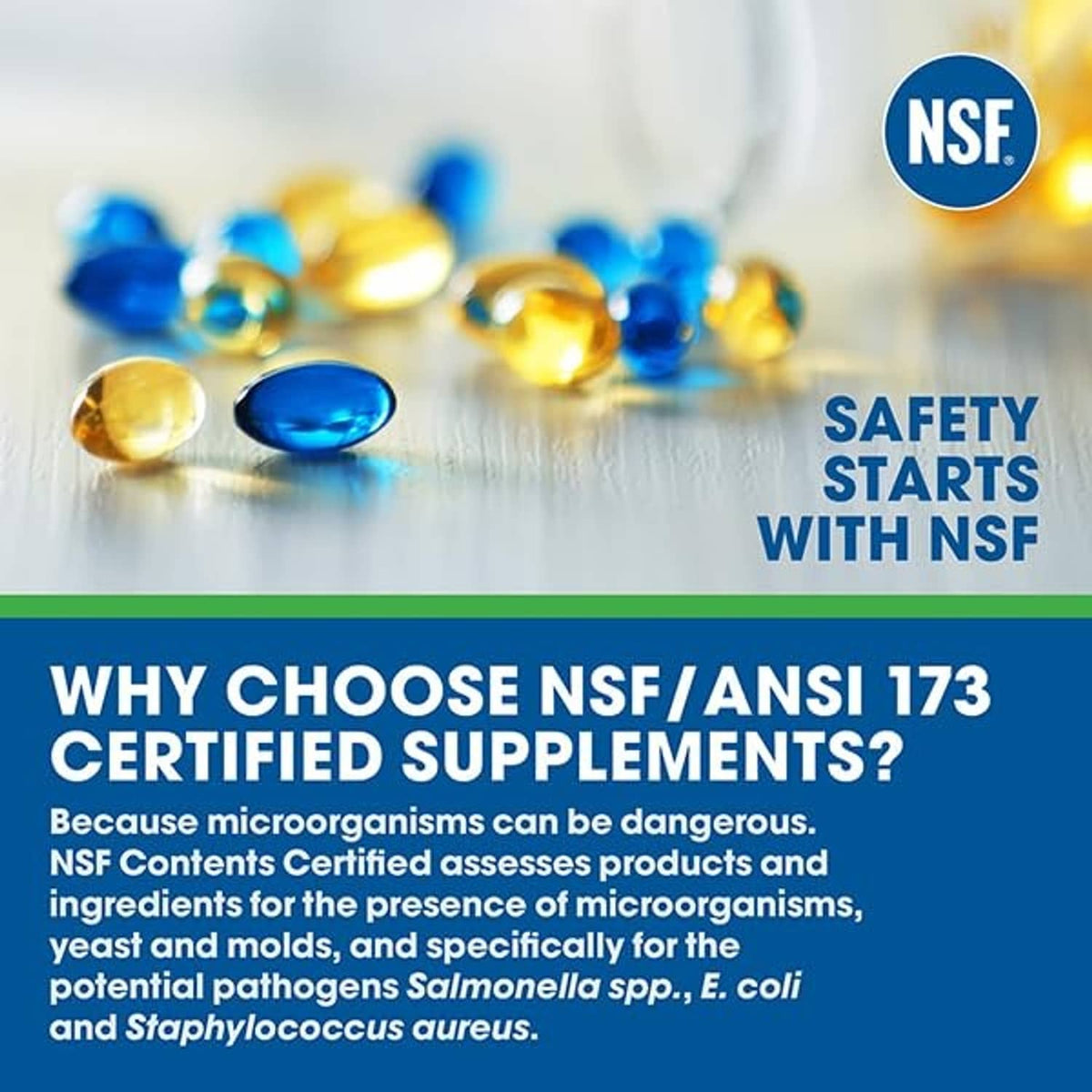NSF/ANSI 173 certified supplements promotional graphic with safety and bacteria notes