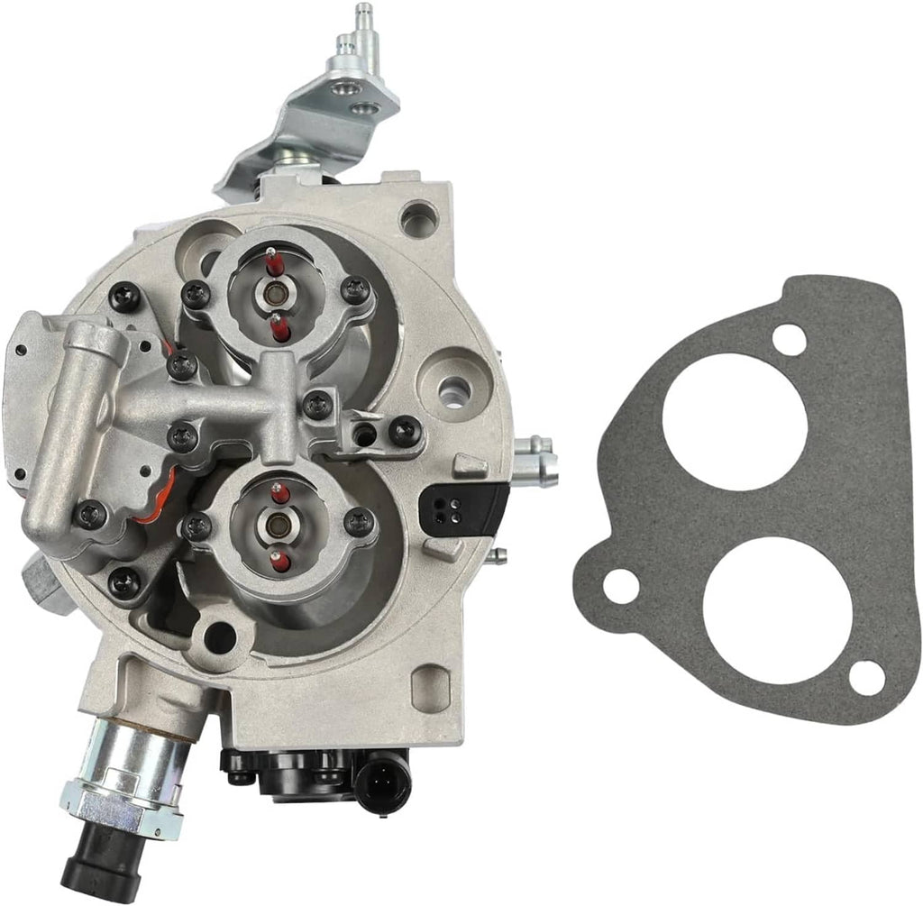Throttle body assembly with gasket and two throttle bores, silver metal with connectors