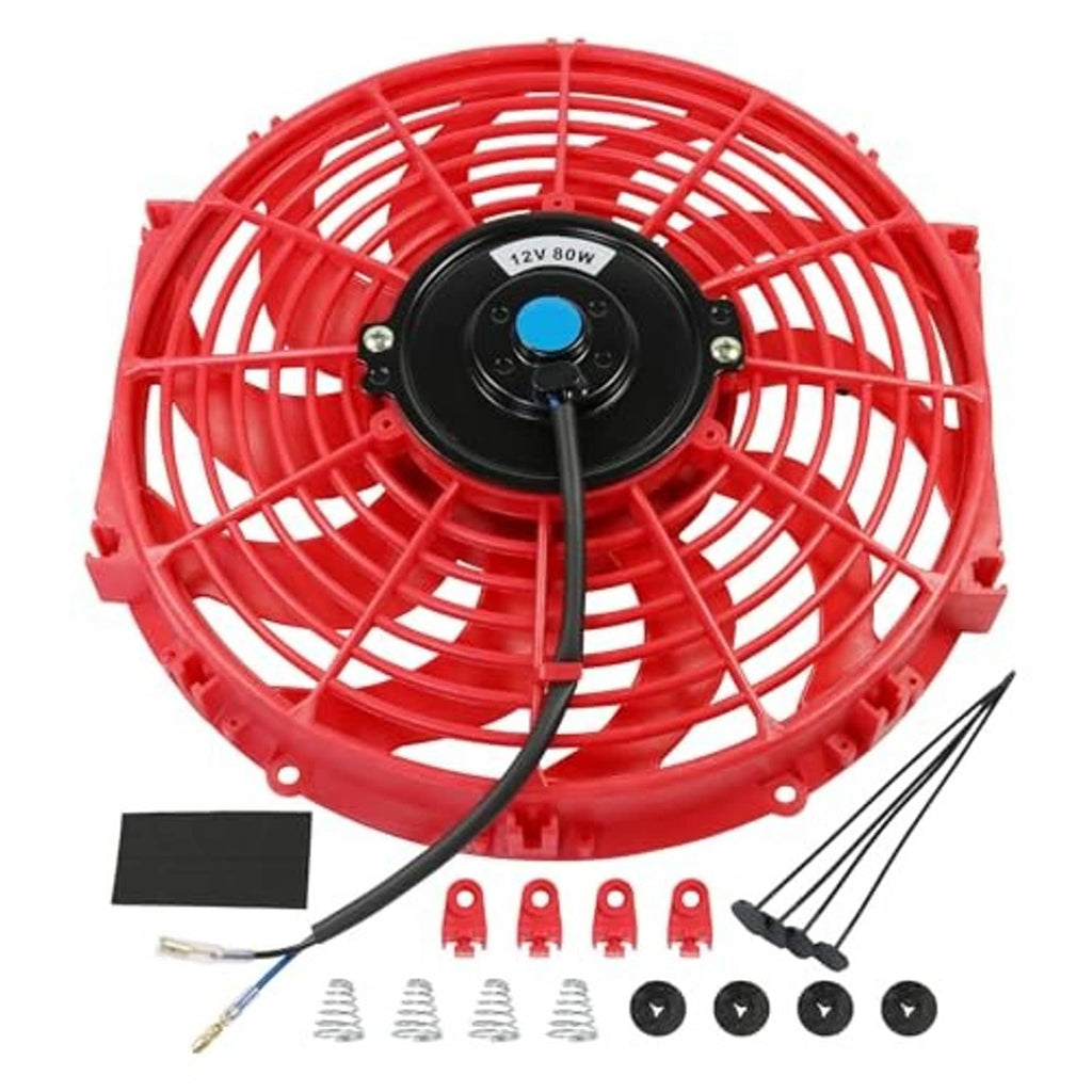 Red radiator cooling fan with black control label, wiring, and accessory fasteners
