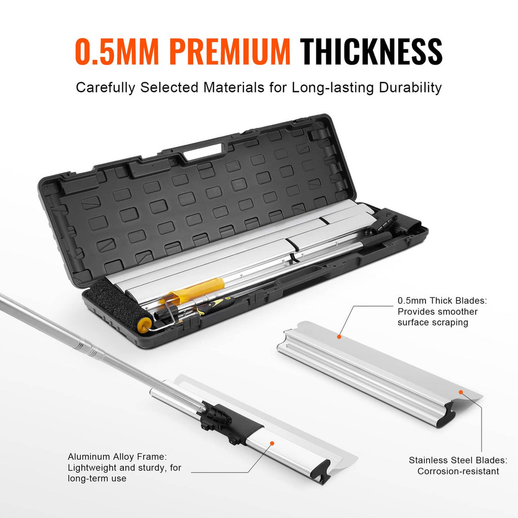 Drywall skimming blade set in black case with white blades and foam backing pads