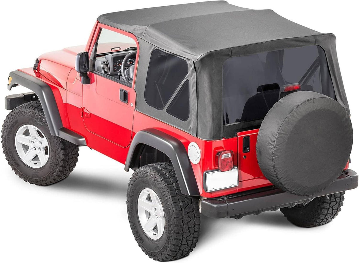 Gray and black soft top cover with side and rear windows