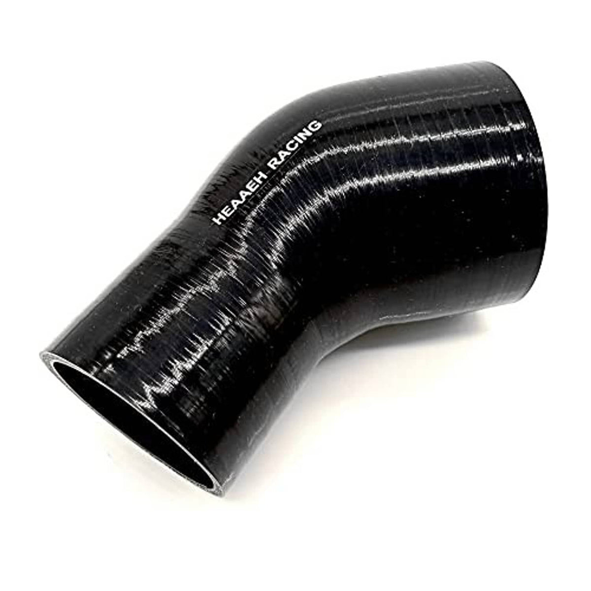 Black silicone hose elbow reducer with ribbed wrap, open ends, “HEEAH RACING” branding