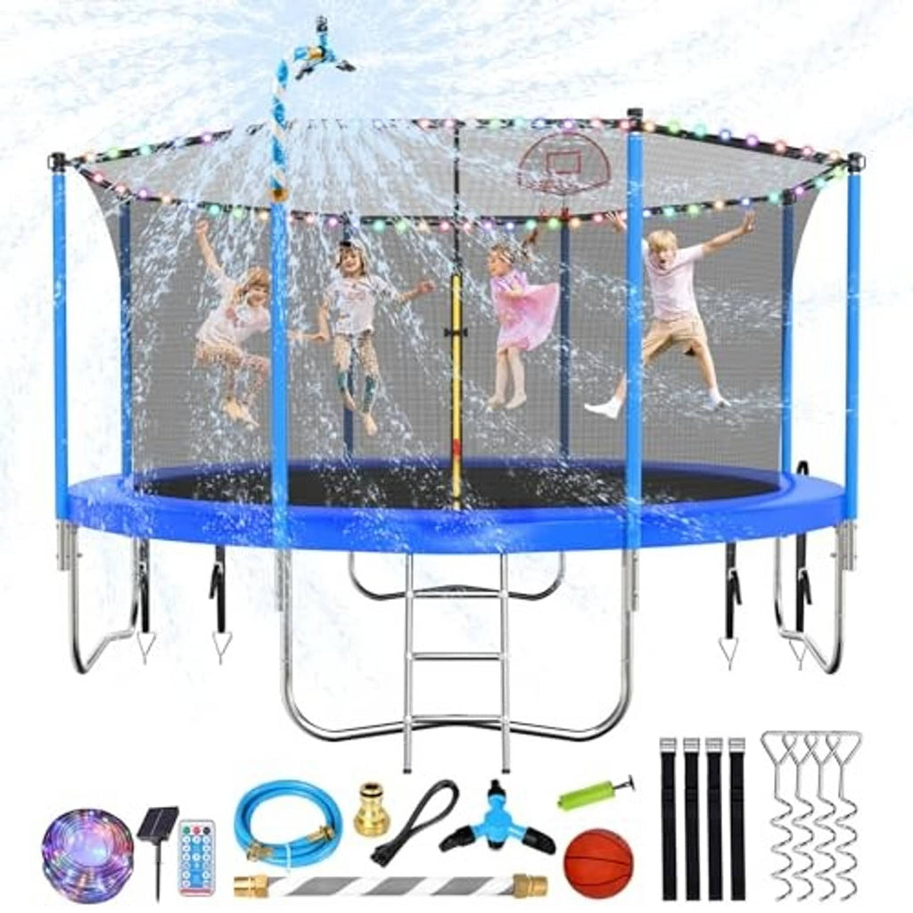 12ft outdoor trampoline with cobalt blue frame, safety net, and multicolor string lights