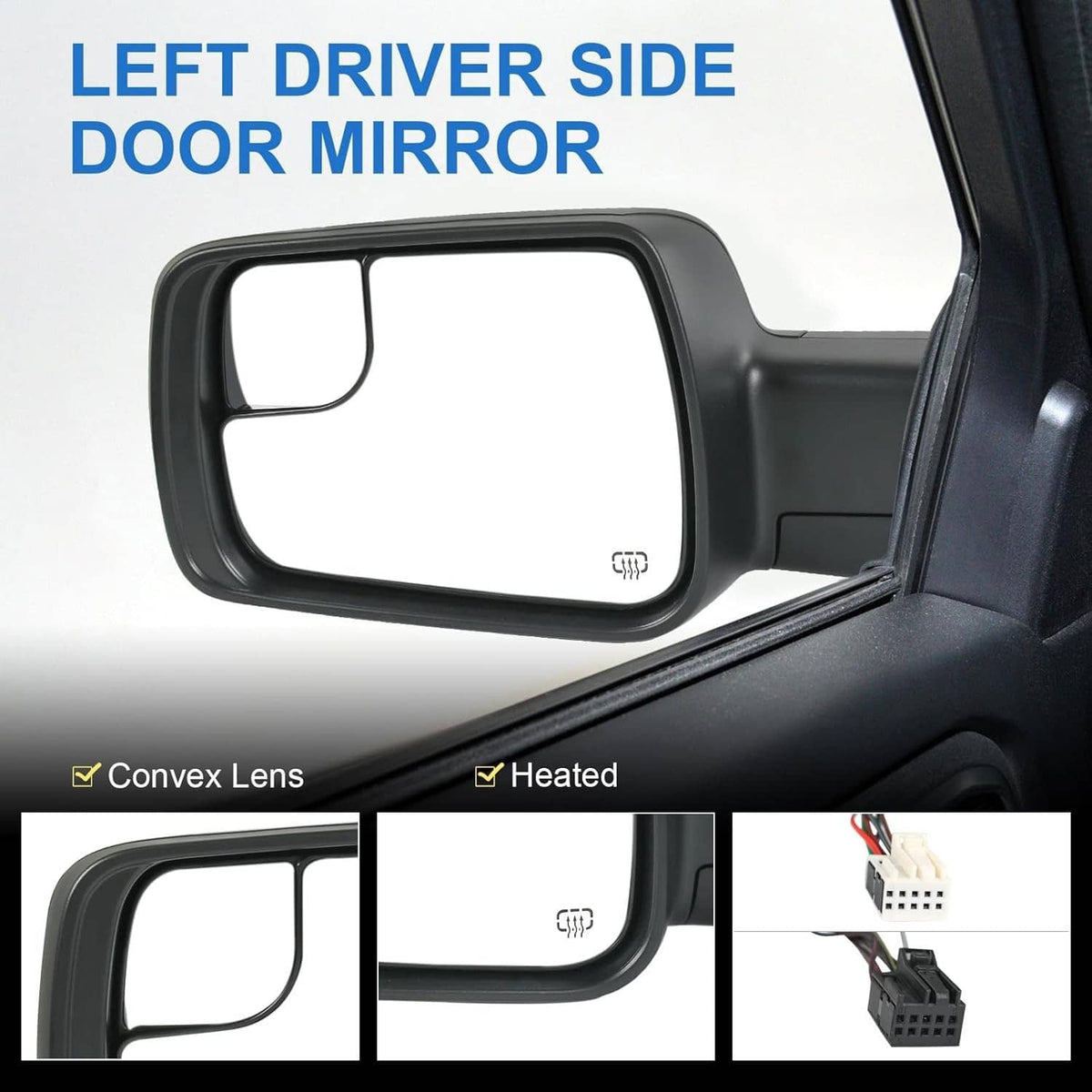 Left driver-side black heated mirror with turn-signal light and convex lens