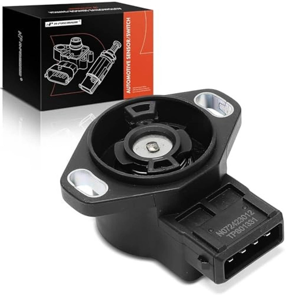 Throttle position sensor with black housing and electrical connector, angled view