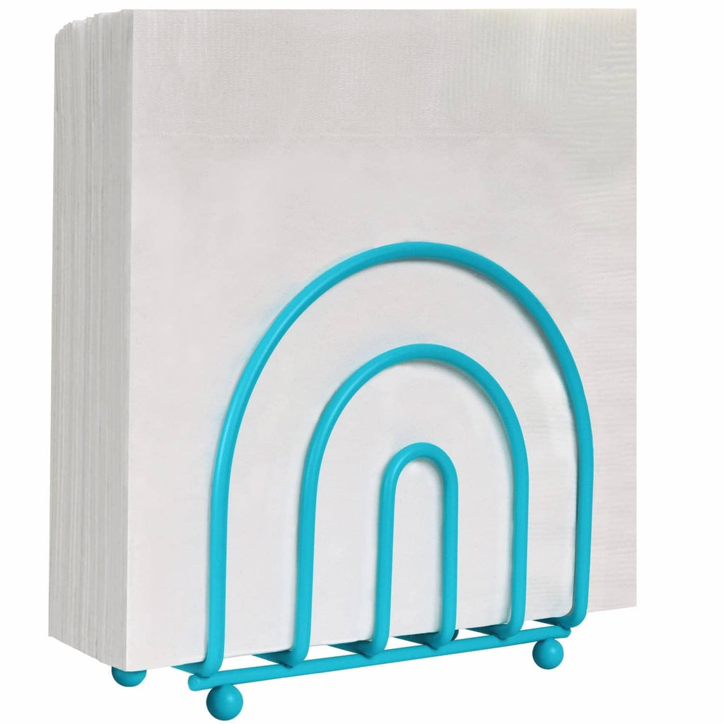Turquoise arc napkin holder with rounded feet, holding a folded white napkin.